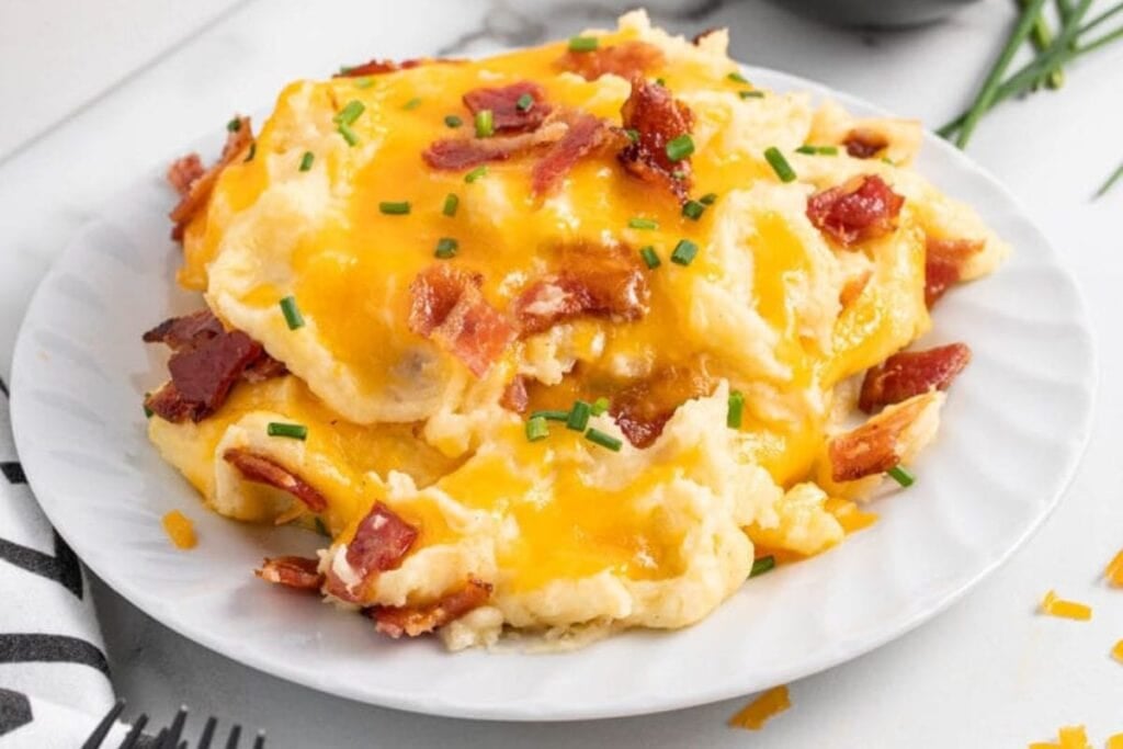 A close up shot of mashed potato casserole.