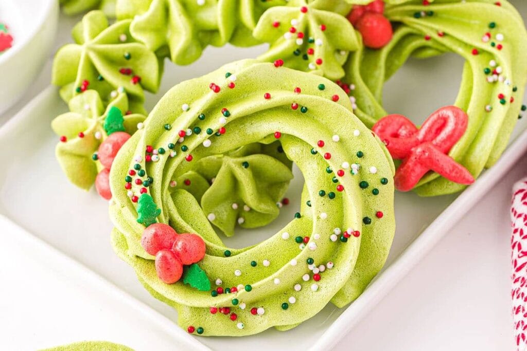 A close up shot of wreath cookies.