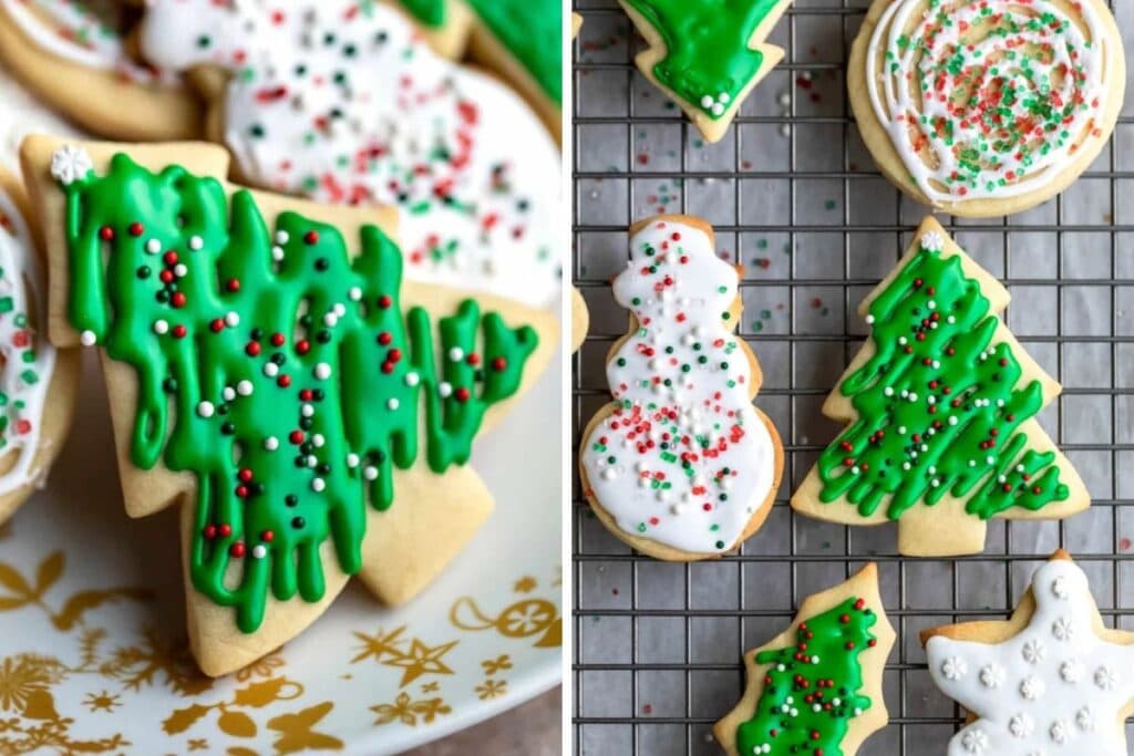 Christmas tree and snowman sugar cookies with green and white icing and sprinkles.