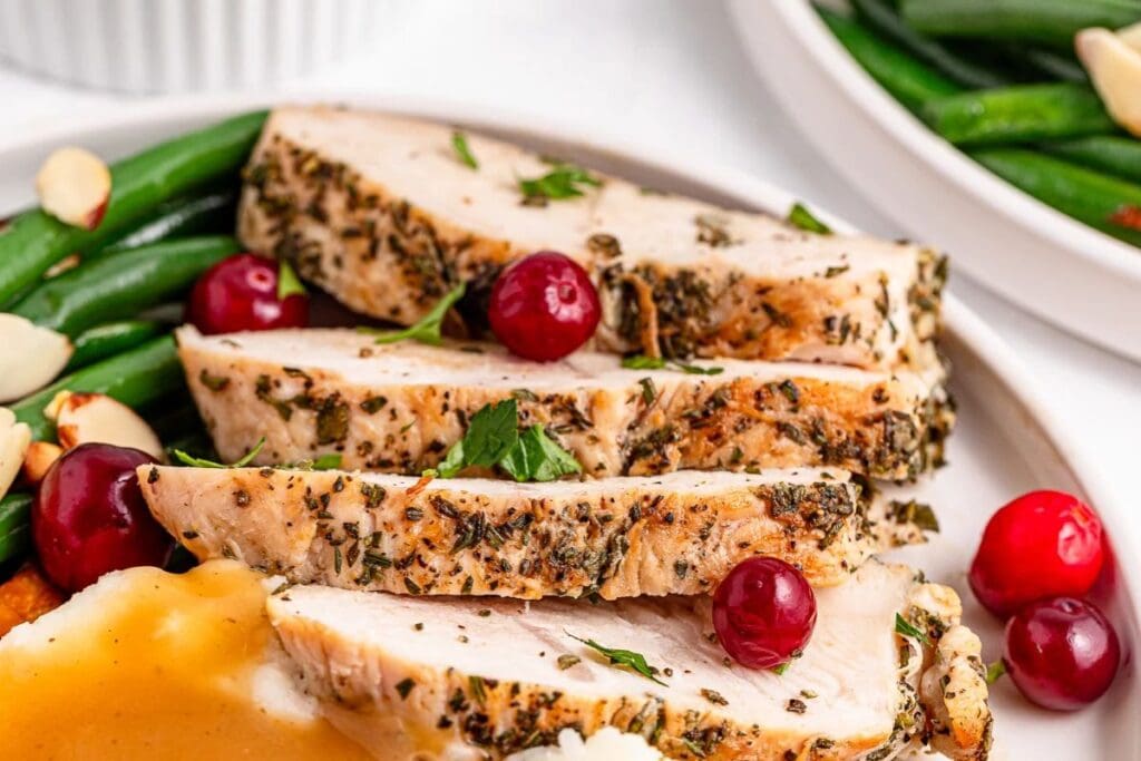 A close up shot of roasted turkey tenderloin.