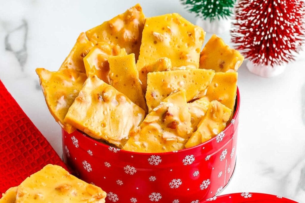 A close up shot of peanut brittle.