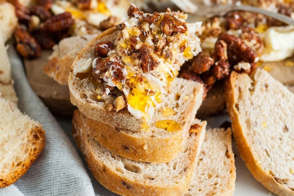 A close up shot of pecan butter board.