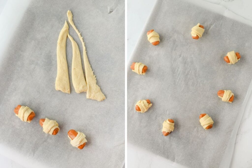 Process shots collage of pigs in a blanket wreath.