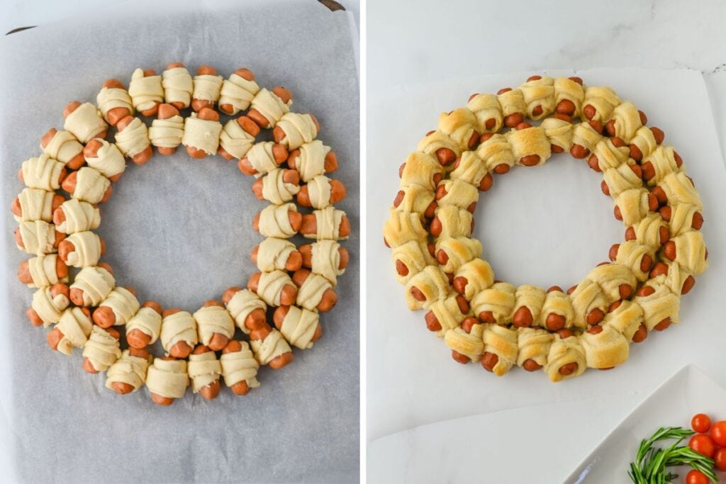 Process shots collage of pigs in a blanket wreath.