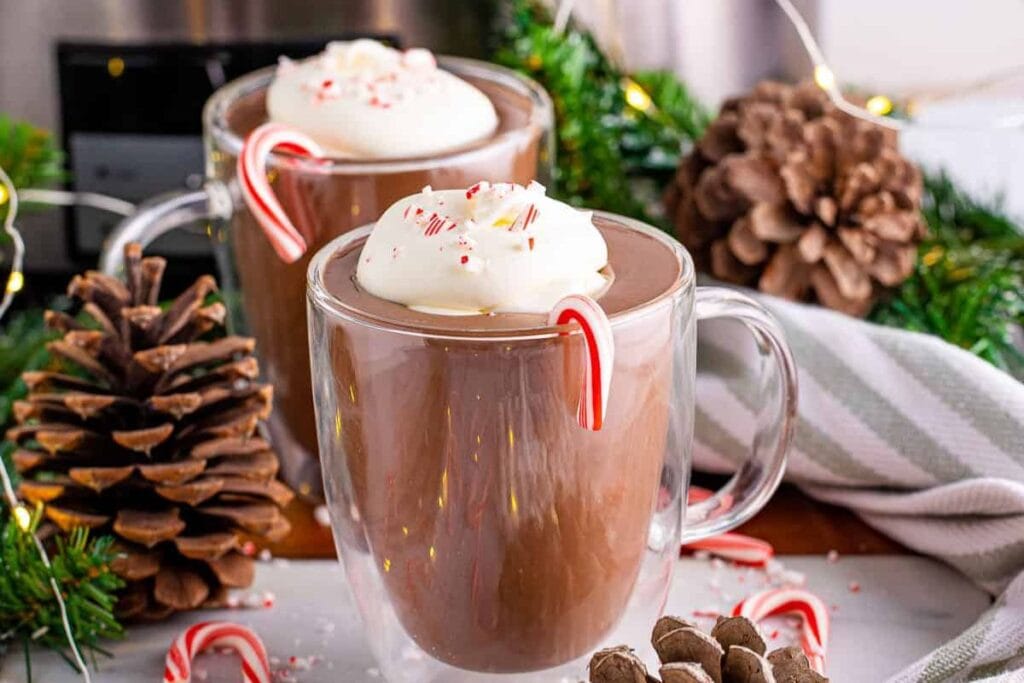 Clear mugs of hot chocolate with whipped cream and candy canes.