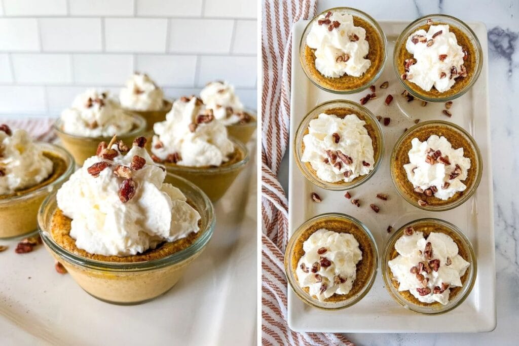 Pumpkin custard cups topped with whipped cream and chopped pecans.