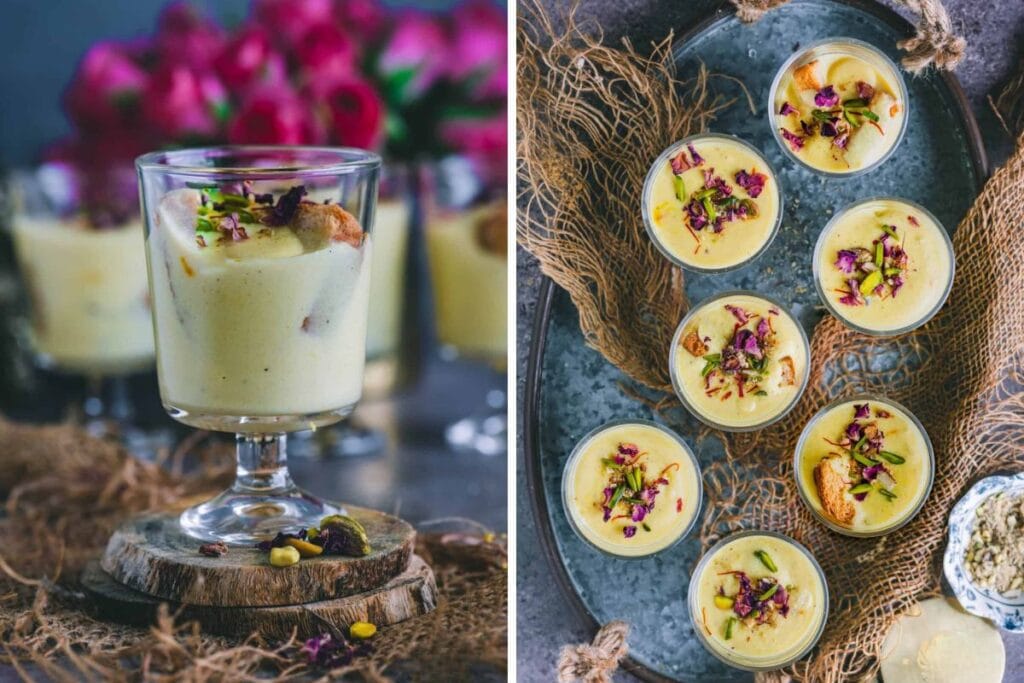 Rabdi cheesecake in glasses, garnished with pistachios and rose petals.