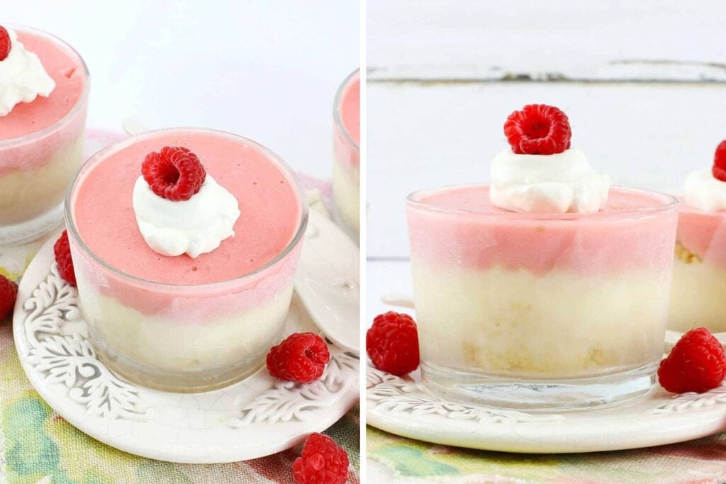 Raspberry cheesecake cups with a white layer, pink layer, whipped cream, and raspberry.