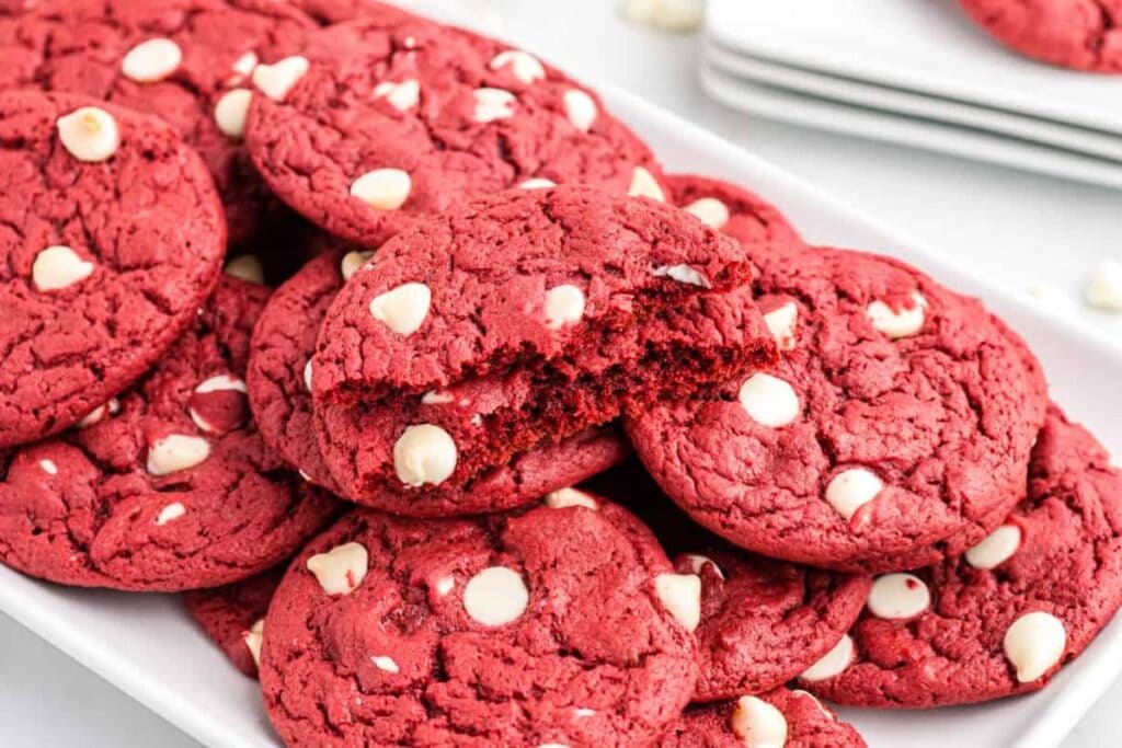 A close up shot of red velvet cookies.