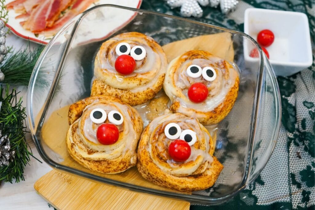 A close up shot of Reindeer cinnamon rolls.