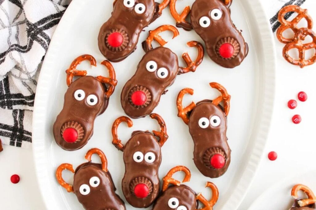 A close up shot of Reindeer nutter butter cookies.