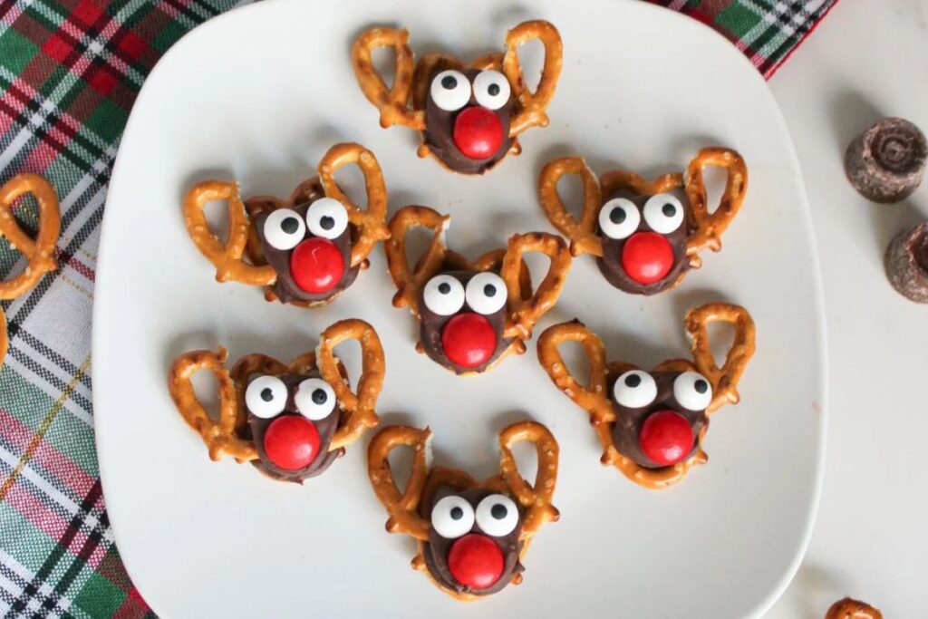 A close up shot of reindeer rolo pretzels.