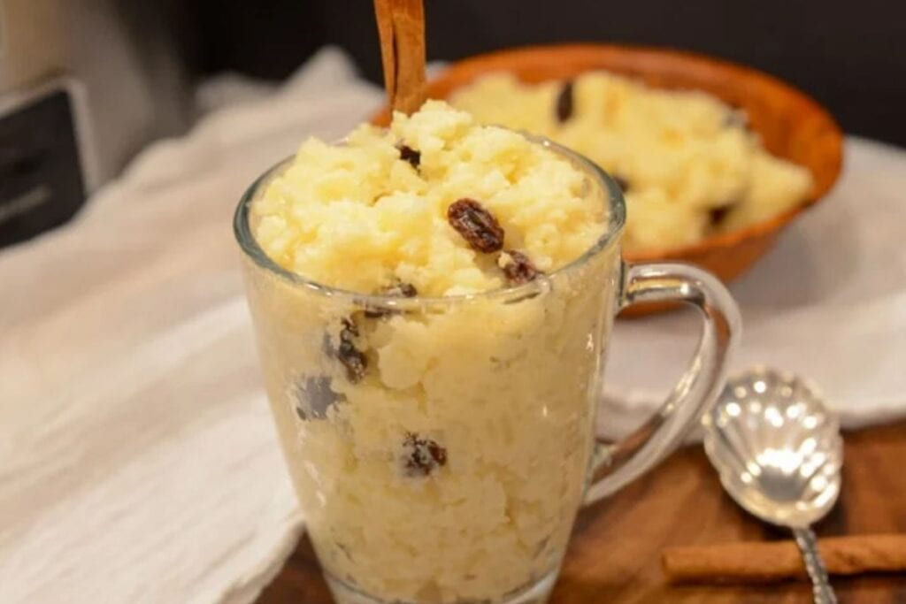 A close up shot of rice pudding.