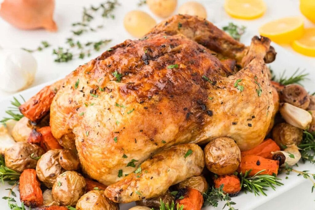 A close up shot of roast chicken.