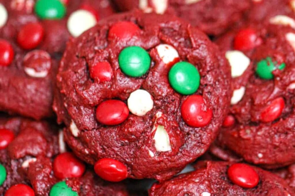 A close up shot of red velvet cookies.