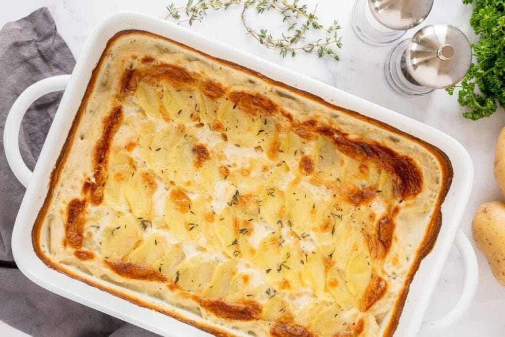 A close up shot of scalloped potatoes.