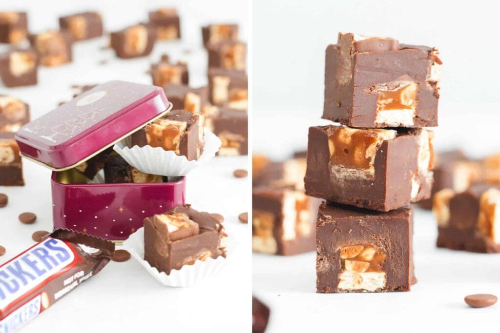 A close up shot of snickers fudge.