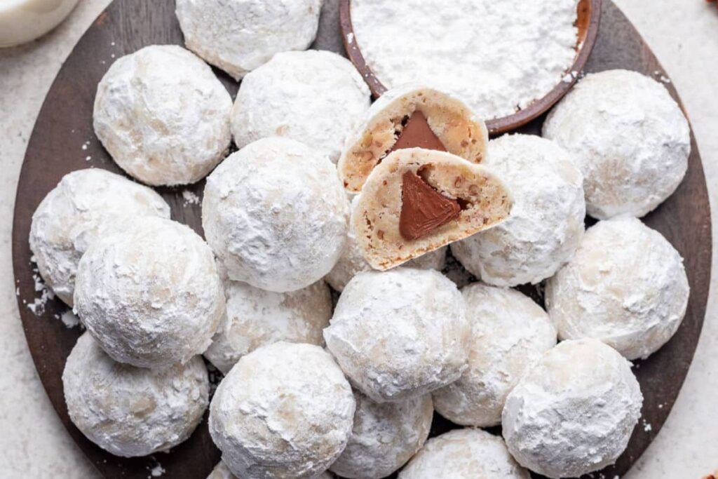 A close up shot of snowball cookies.