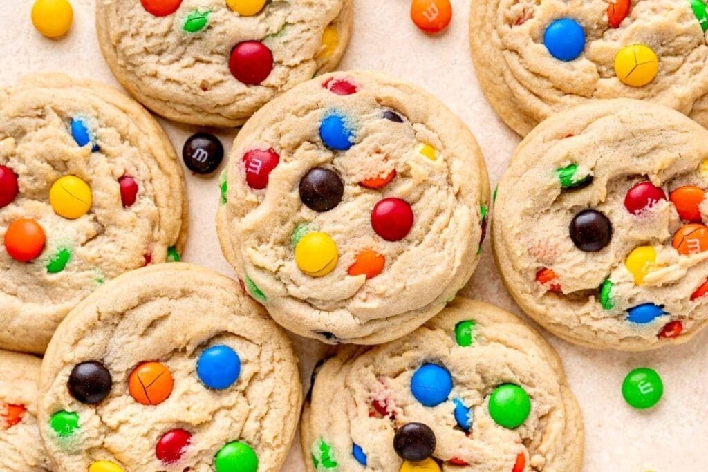 A close up shot of m&m's cookies.