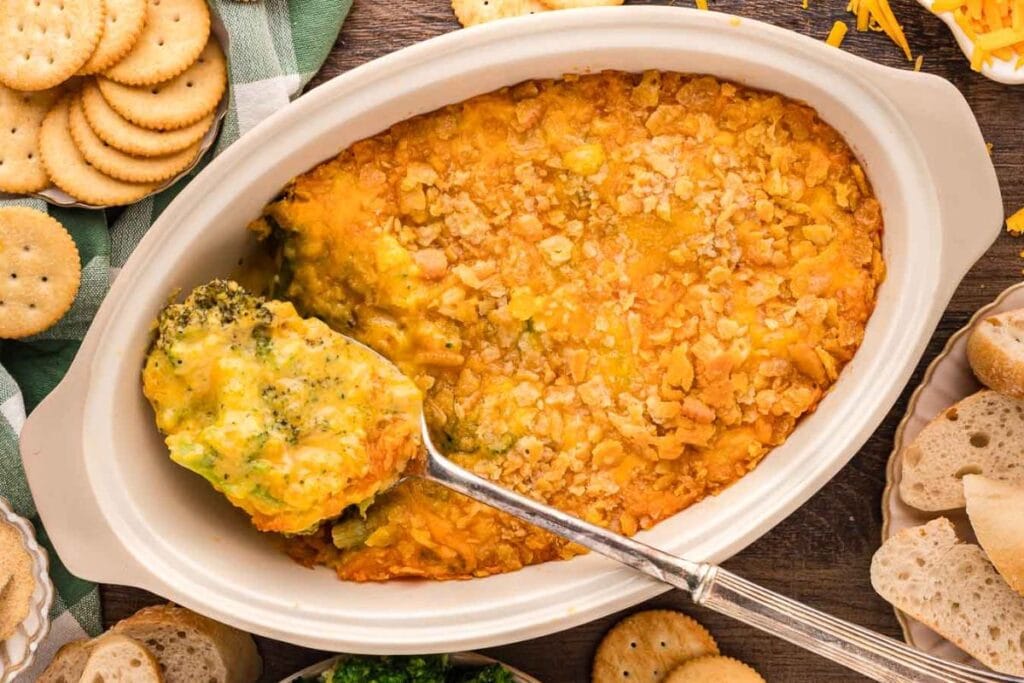 A close up shot of broccoli casserole.