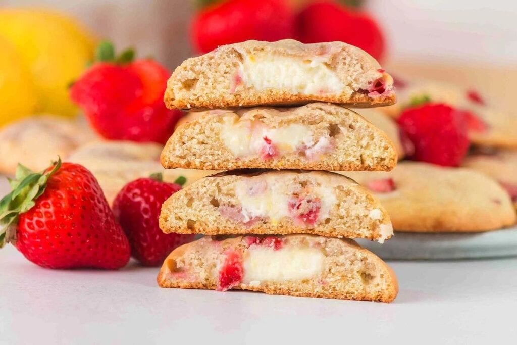 A close up shot of strawberry cheesecake cookies.