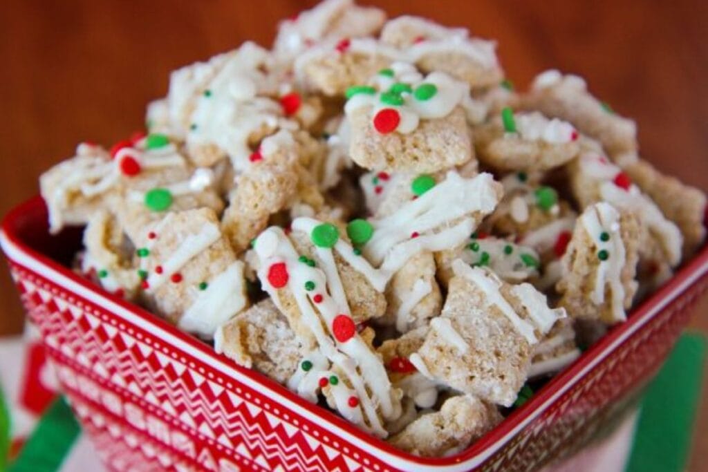 A close up shot of sugar cookie chex mix.