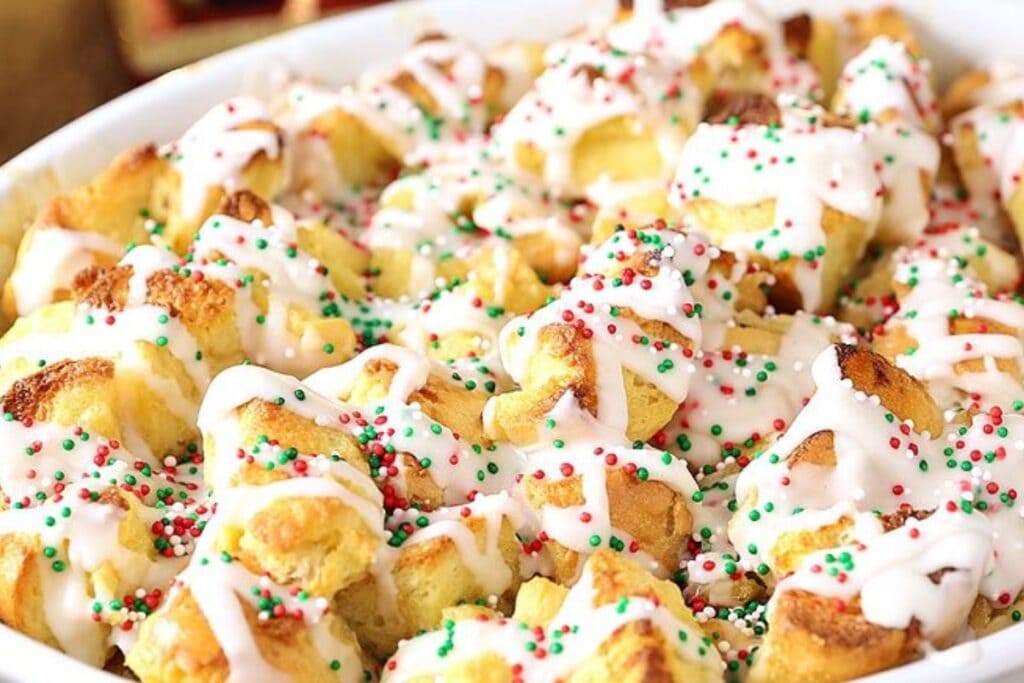 A close up shot of french toast casserole.