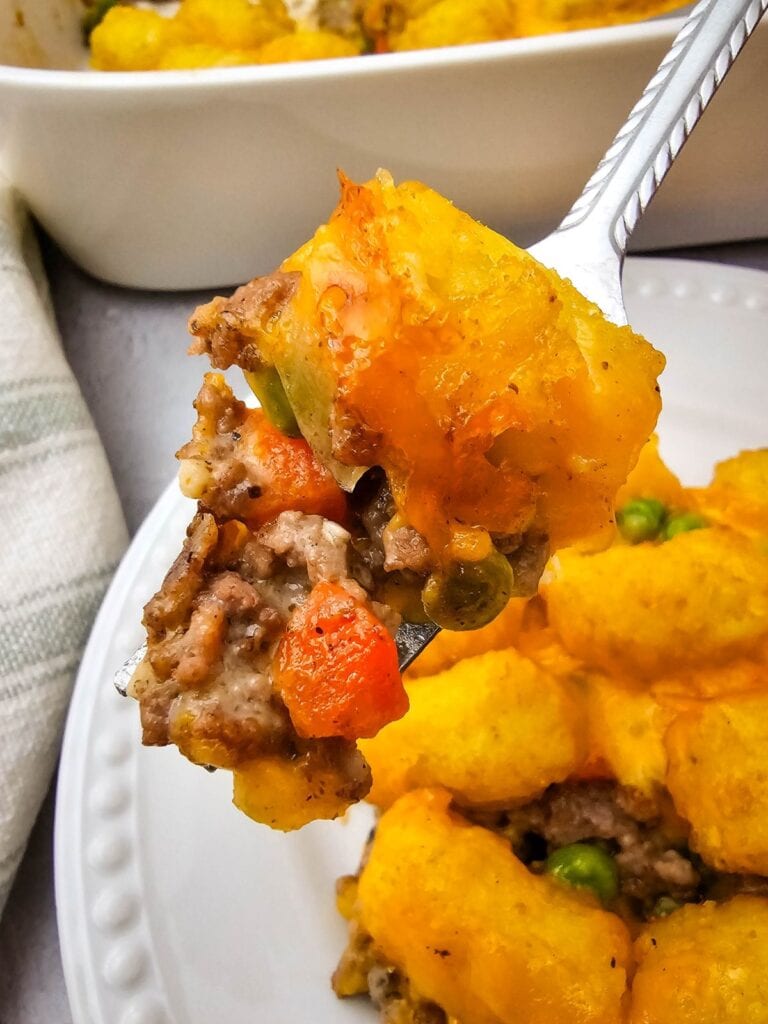 Close up shot of tater tot casserole.