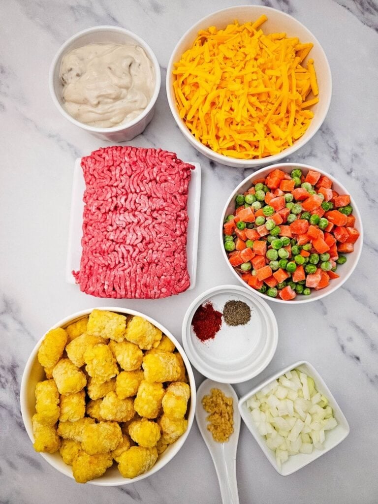 Ingredients for tater tot casserole.
