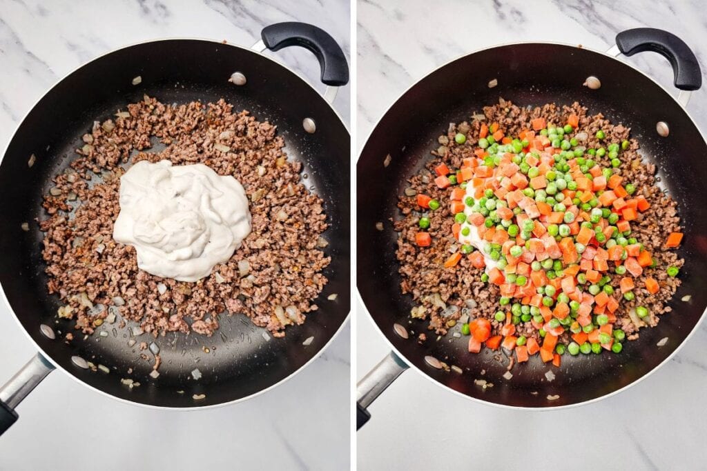 Process shots collage for tater tot casserole.