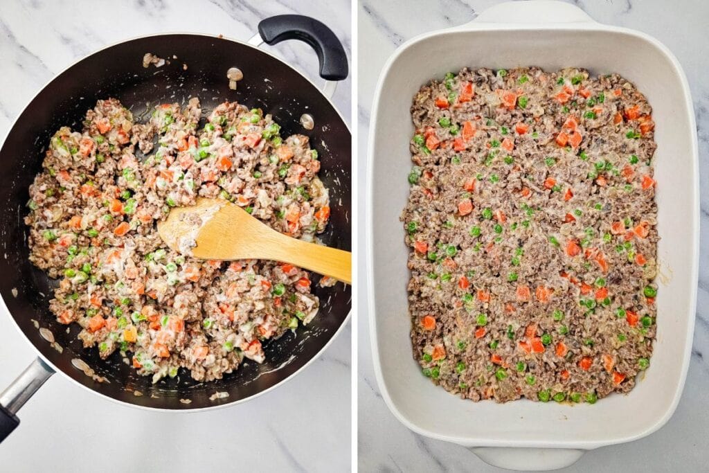 Process shots collage for tater tot casserole.