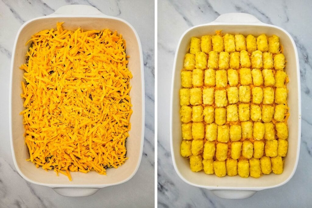 Process shots collage for tater tot casserole.