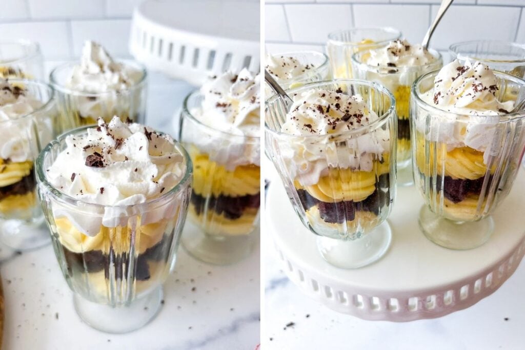 Dessert cups with layers of brownie, banana slices, whipped cream, and chocolate shavings.