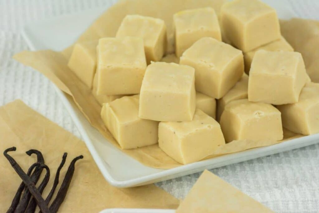 A close up shot of white chocolate fudge.
