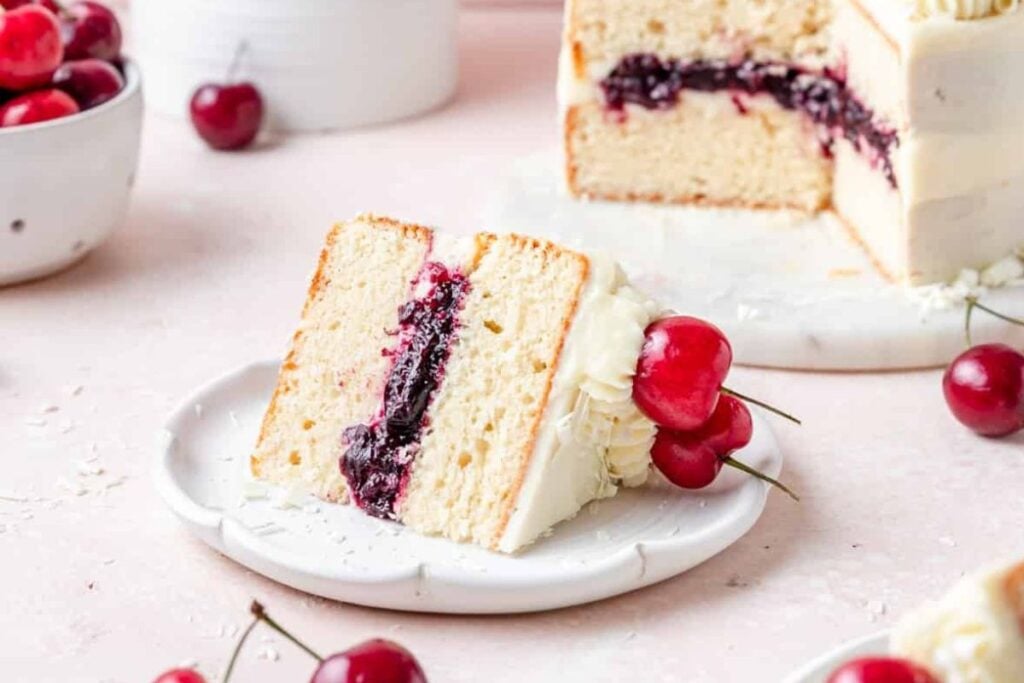 A slice of white forest cake.