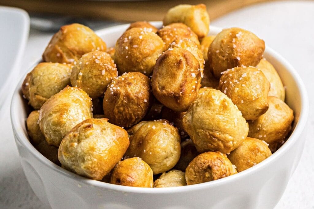 Air fryer pretzel bites in a bowl.