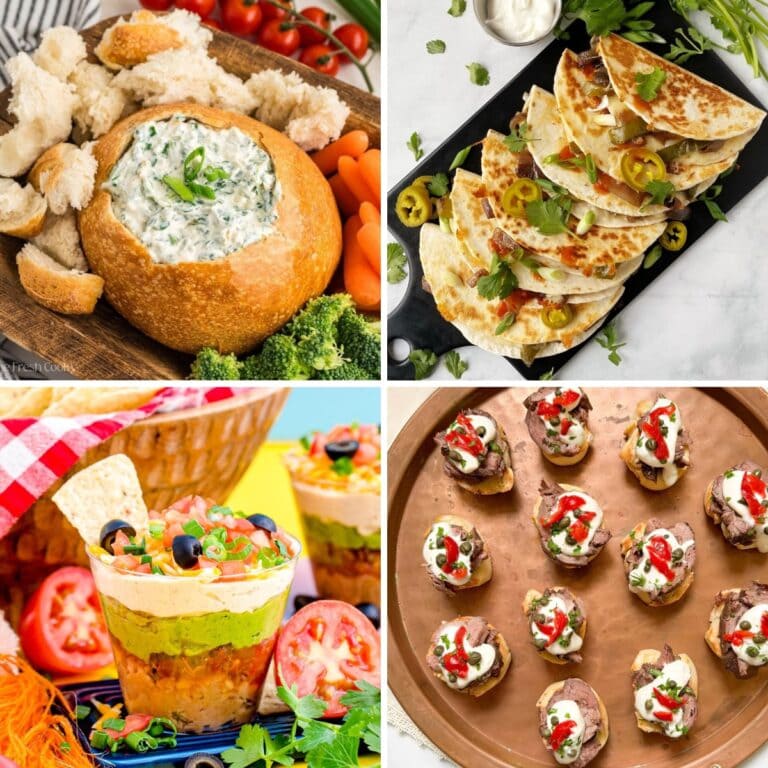 Collage of assorted appetizers for a crowd, including dips, skewers, and mini bites.