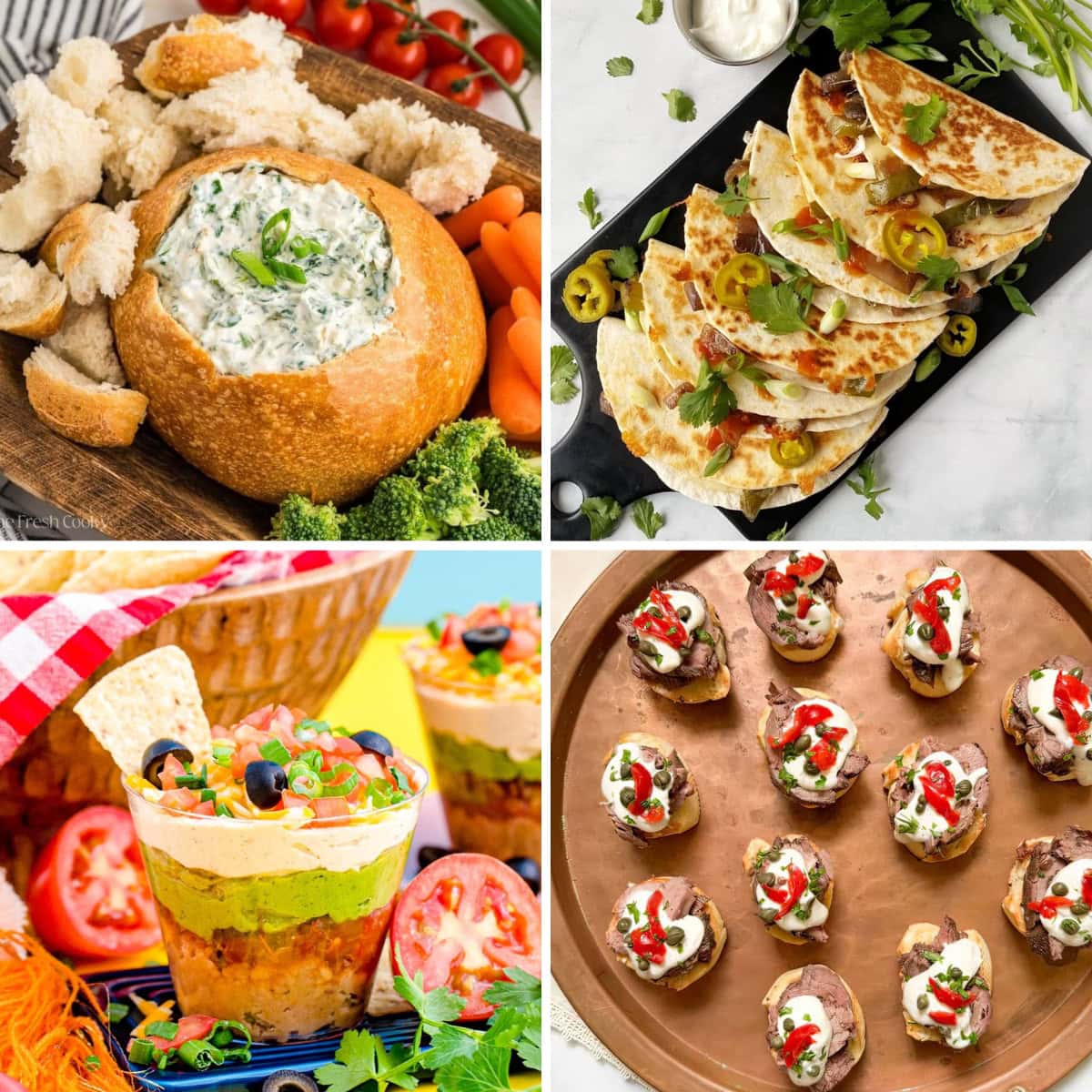 Collage of assorted appetizers for a crowd, including dips, skewers, and mini bites.