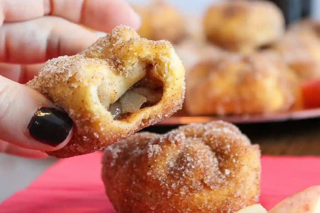 A hand holds a pastry filled with apple, coated in cinnamon and sugar.