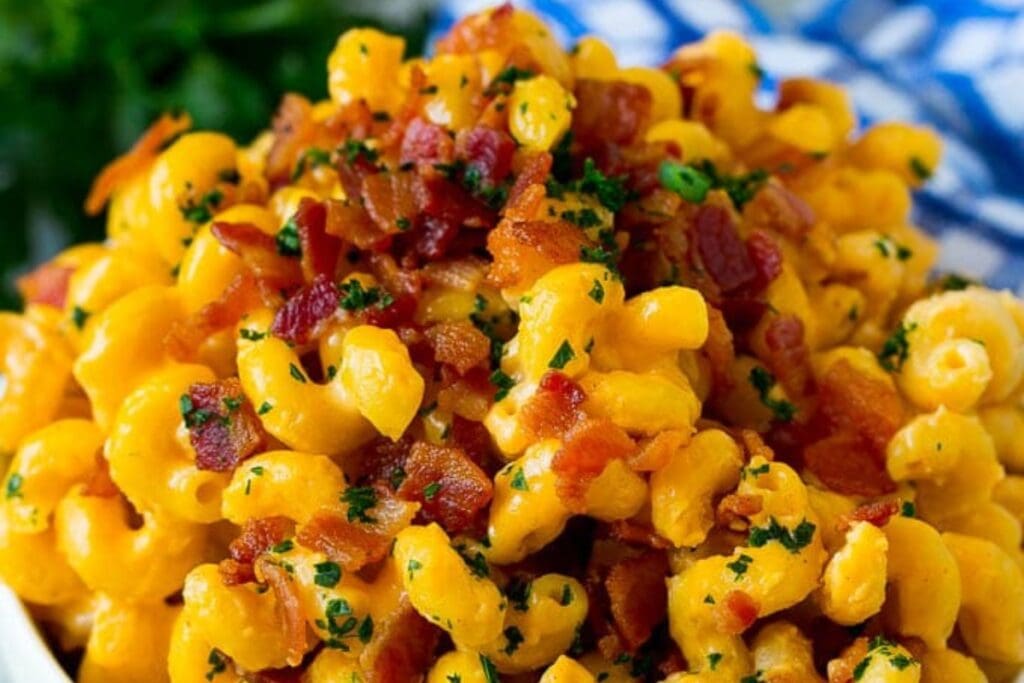 Close-up of bacon mac and cheese in a bowl.