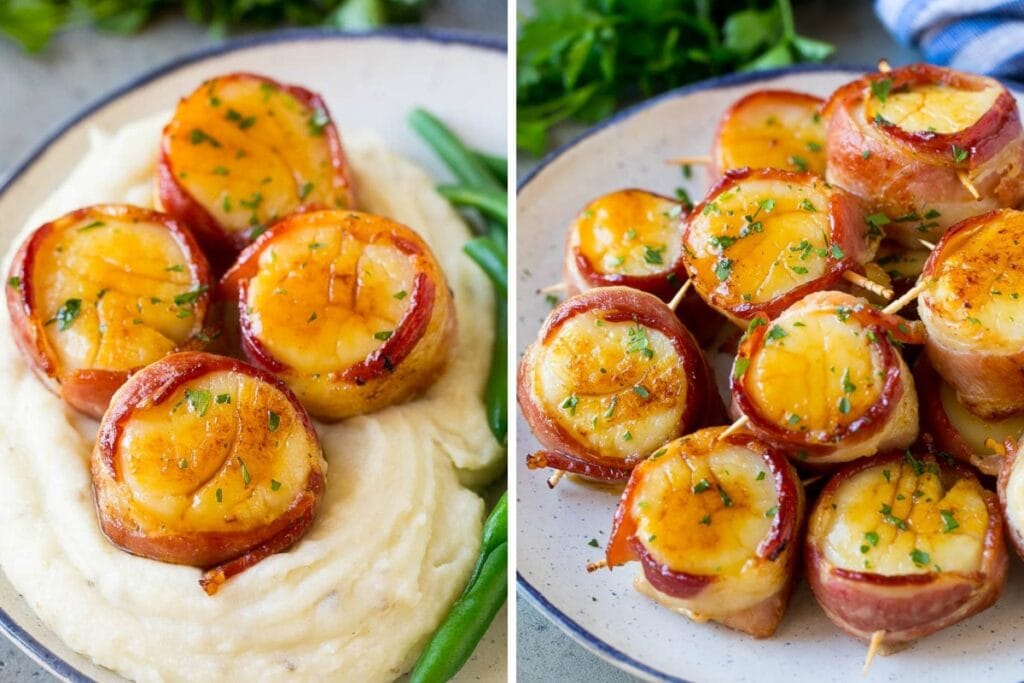 Close-up of bacon wrapped scallops on a plate.