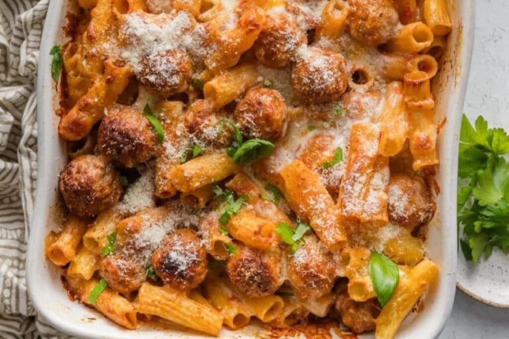Baked rigatoni and meatballs in a baking dish.