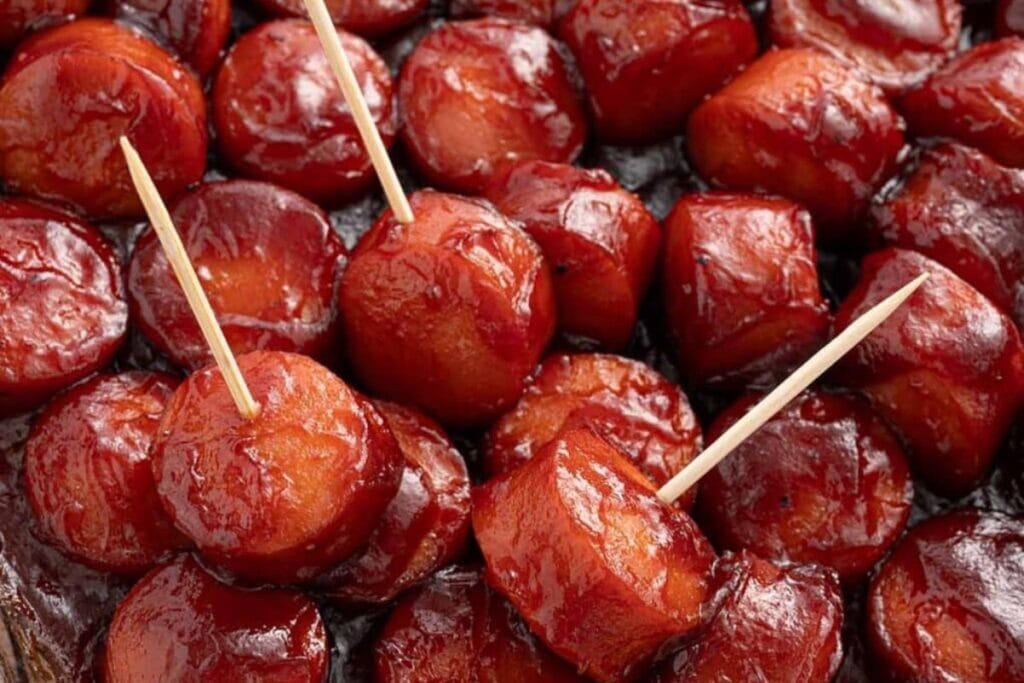 BBQ sausage bites in a close-up view.