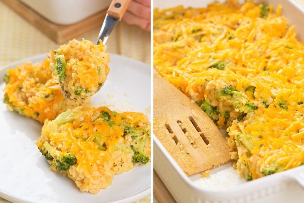 Two images of broccoli rice casserole, one plated, one in the baking dish.