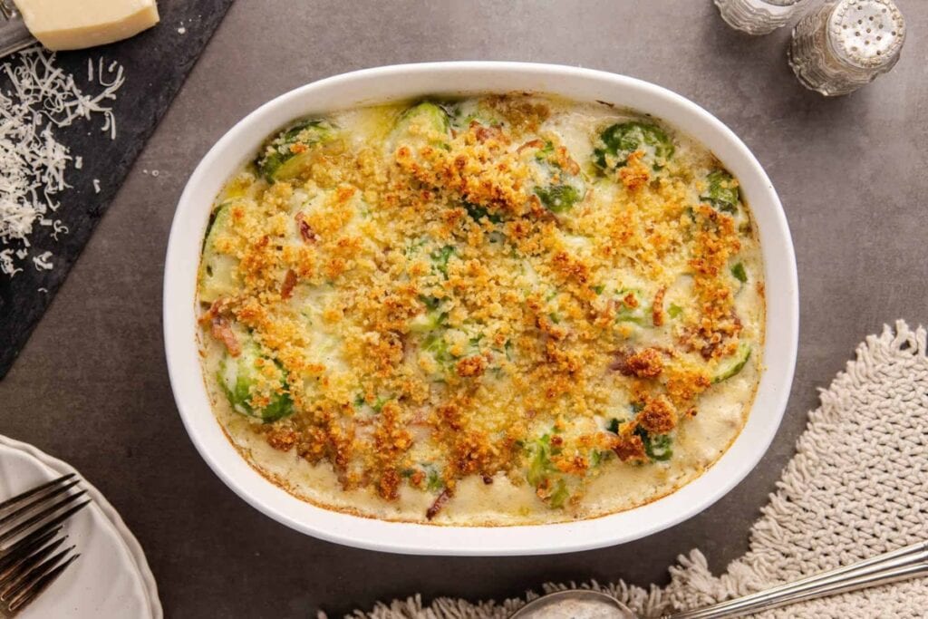 Brussels sprout casserole in a baking dish.