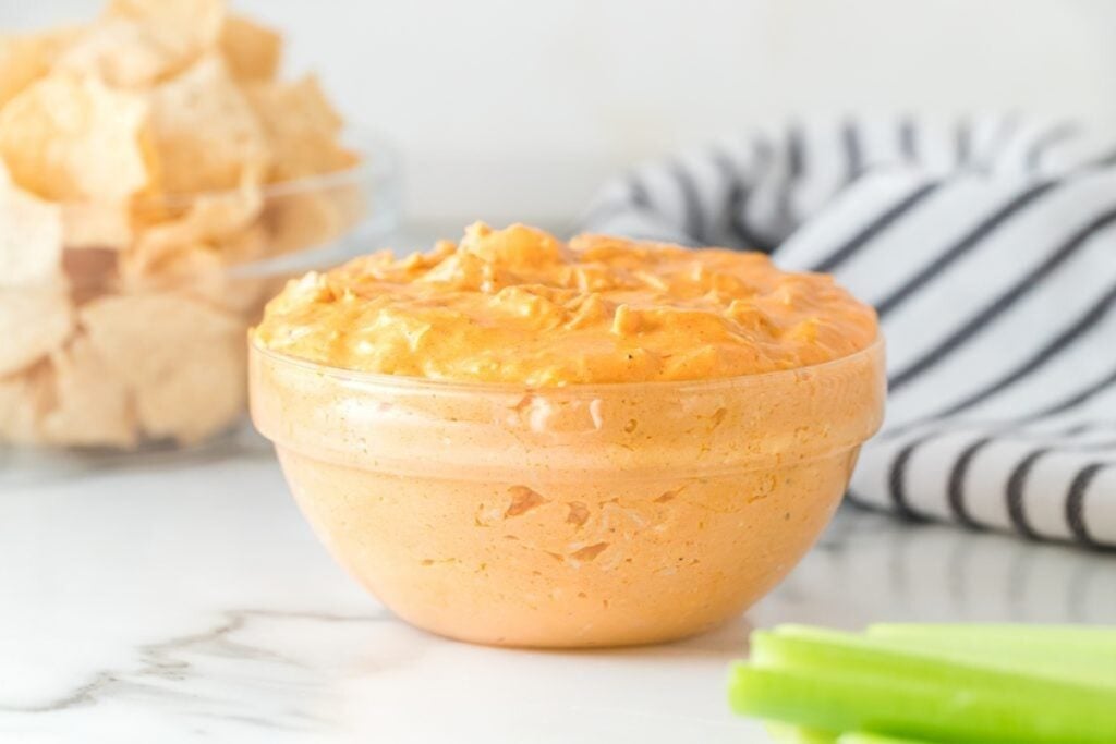 Buffalo chicken dip served in a bowl.