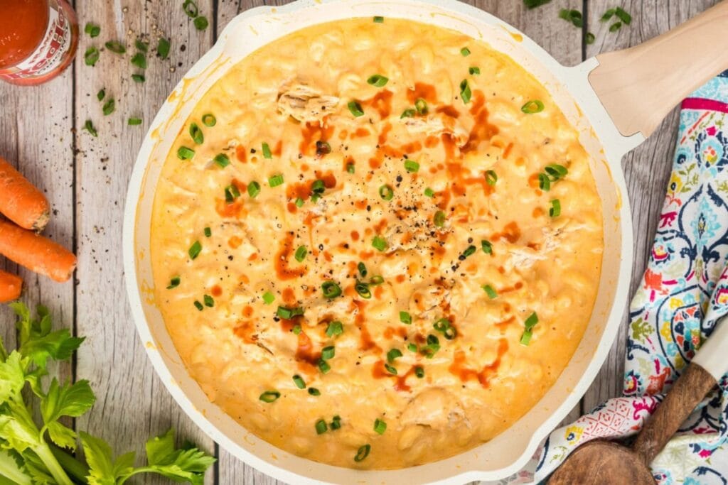 Top view of buffalo chicken mac and cheese in a skillet.