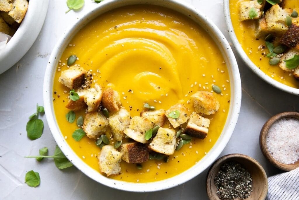 Top view of butternut squash soup in a bowl.