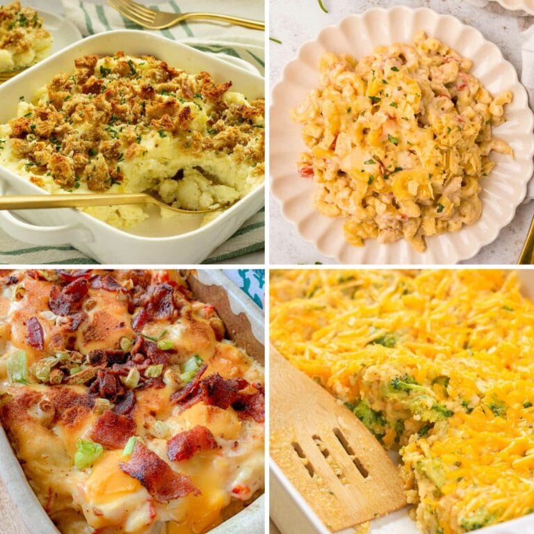 Collage of assorted casserole side dishes.