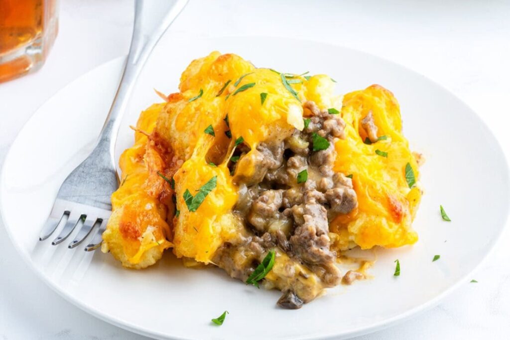 Cheeseburger casserole on a plate.